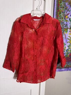 TanJay Red Burnout Blouse Sheer Textured Button Up Artsy Abstract L XL